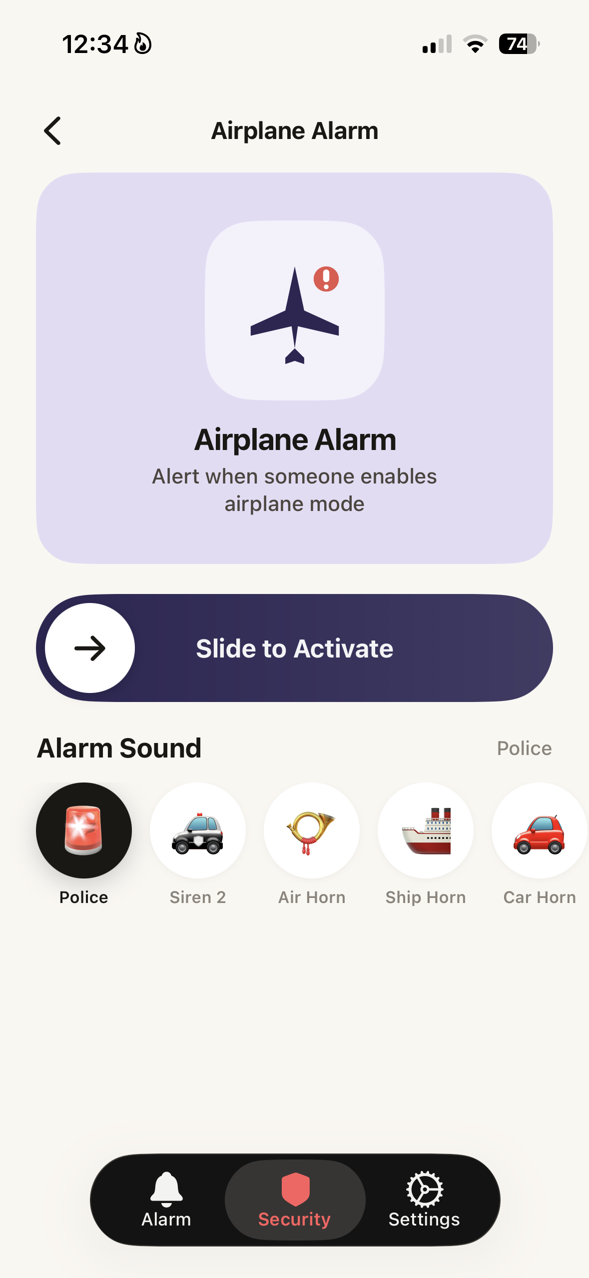 Airplane Alarm screen